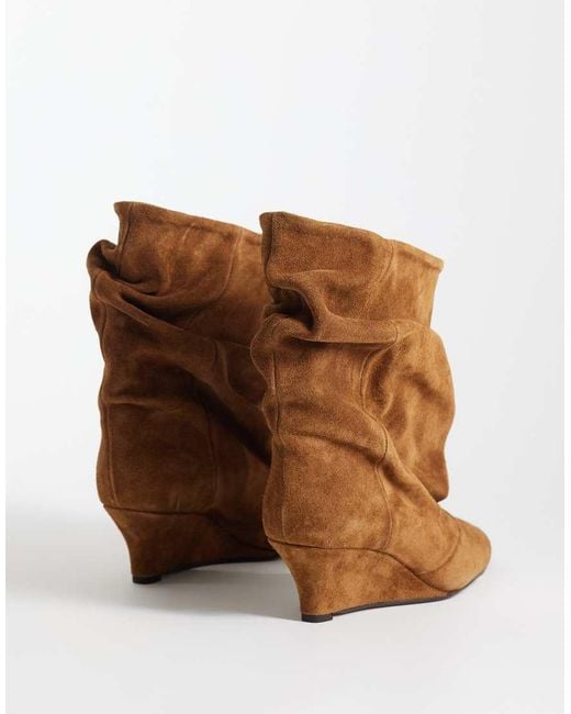 ASOS Brown Riven Premium Suede Wedge Slouch Boots