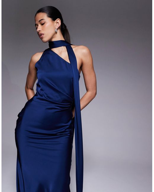Aria Cove Blue Satin Ruched Side Scarf Detail Maxi Dress