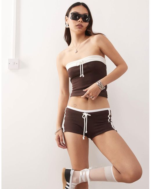Monki Natural Co-ord Strapless Bandeau Jersey Top With Contrast Tie Detail