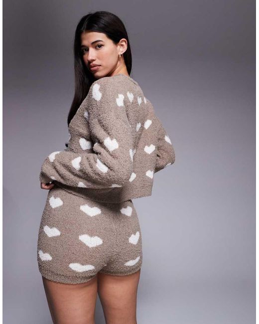 River Island Gray Fluffy Heart Pattern Cosy Shorts Set