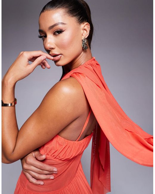 ASOS Red Mesh Fabric Mix Mini Dress With Draped Sleeves And Asymmetric Skirt