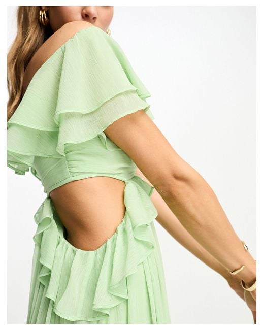 ASOS Off-shoulder Maxi-jurk Met Uitgesneden Ruches En Ongelijke Zoom in het Green