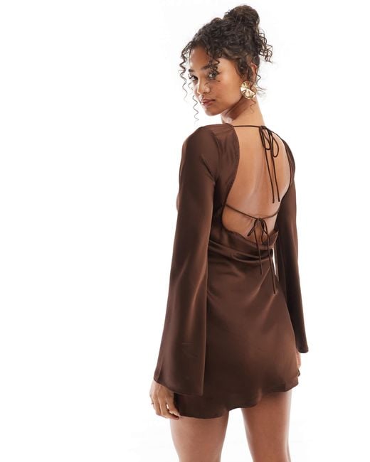 Bershka Tie Back Satin Mini Dress in Brown