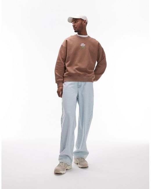 Topman Brown Oversized Fit Sweatshirt With Peonies Embroidery for men