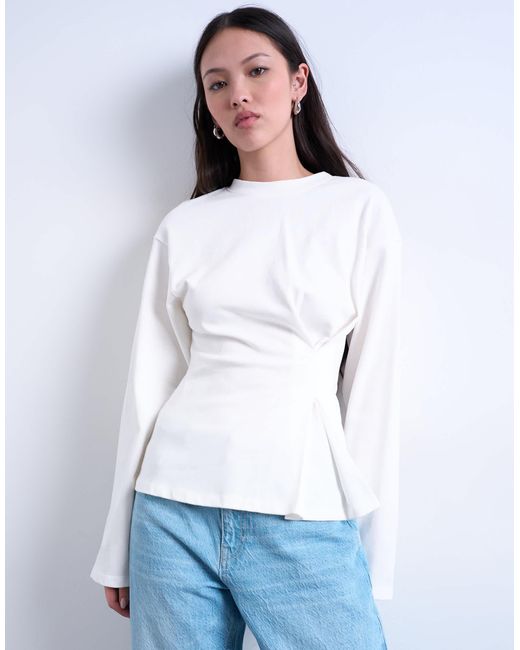TOPSHOP White Cinch Waist Structured Long Sleeve Tee