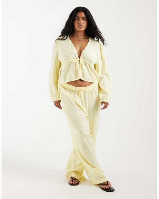 Pieces Plus Yellow Pieces Curve Crinkle Cotton Tie Front Long Sleeve Top