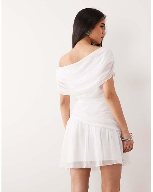 Fashionkilla White Exclusive Chiffon Off Shoulder Asymmetric Hem Gathered Mini Dress