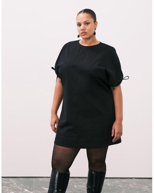 ASOS Black Asos Design Curve Crew Neck Mini Dress With Tie Sleeve Detail