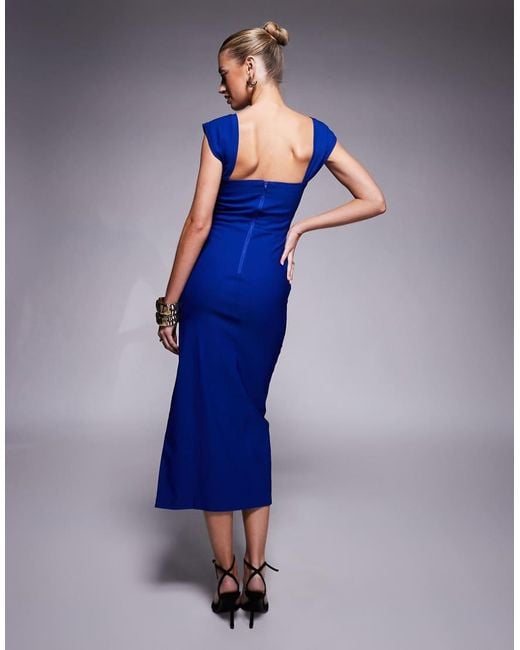 Vesper Blue Bengaline Square Neck Thigh Split Midi Dress