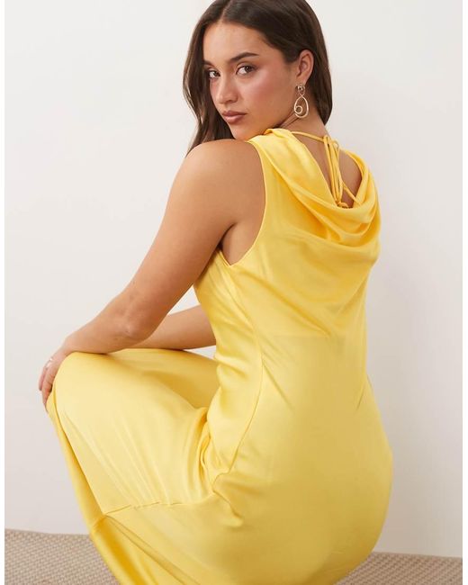 Vila Yellow Waterfall Cowl Neck Satin Midi Dress
