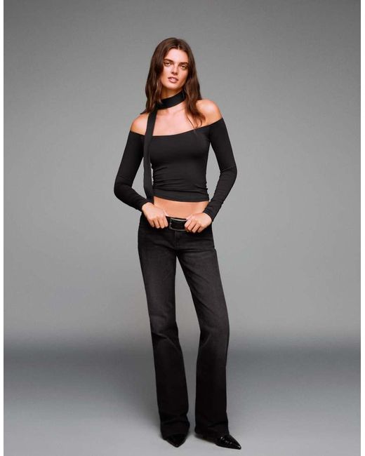 Bershka T-Shirt Met Lange Mouwen En Sjaaldetail in het Gray