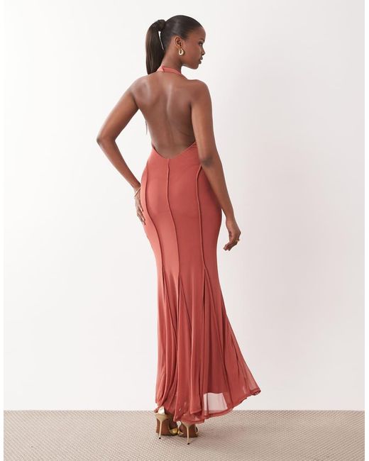 ASOS Red U-shaped Mesh Halter With Exposed Seam Detail Maxi Dress