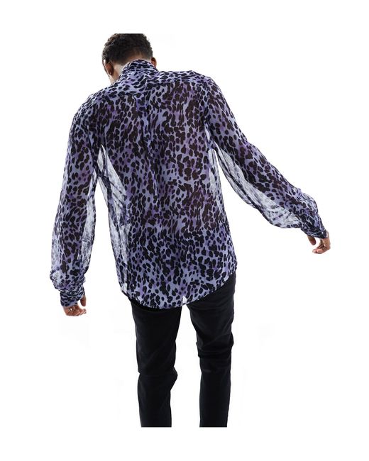 Camicia trasparente regular fit con stampa leopardata allacciata al collo di ASOS in Blue da Uomo
