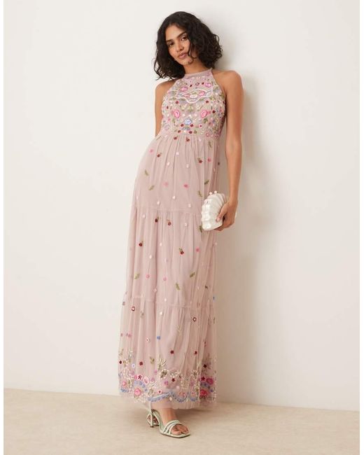 Maya Pink Halter Neck Embroidered Tie Maxi Dress