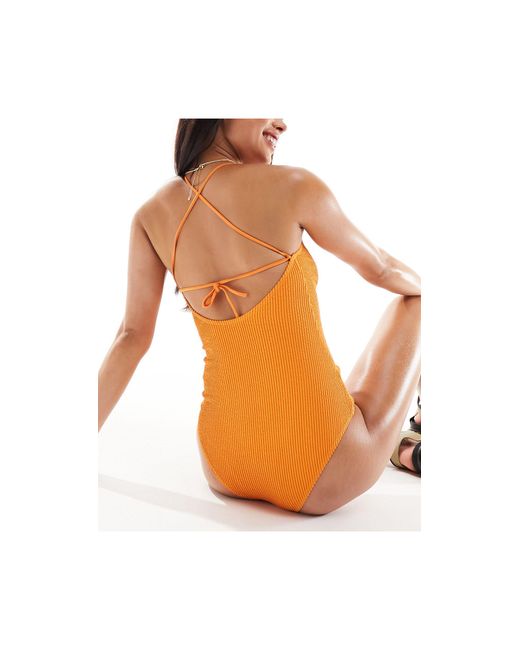 Monki Orange Mix And Match Crinkle Tie Back Swimsuit