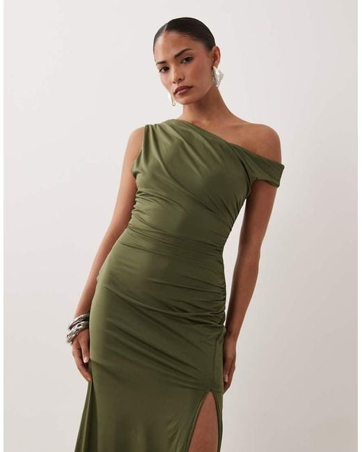 TFNC London Green Slinky Fallen Shoulder Thigh Split Maxi Dress