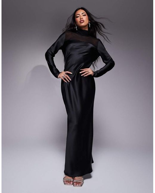deres 23th ブラック　sheer high neck DASKA High Neck Satin Dress With Sheer Details in Black | Lyst UK