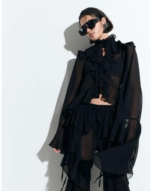 Noughts & Kisses Blue Chiffon Extreme Ruffle Tie Front Drape Sleeve Blouse Co-Ord