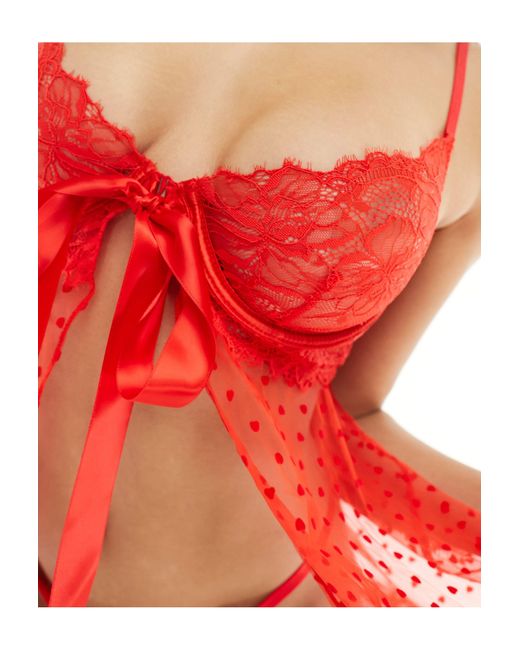 Ann Summers Red Bonbon Lace And Dobby Mesh Underwi Babydoll And Thong Set