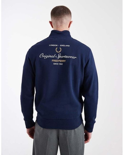 Fred Perry Blue Sport Original Half Zip Embroidered Logo Sweatshirt With Back Print for men