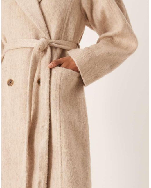 ASOS Natural Brushed Coat With Dome Sleeve And Skinny Belt