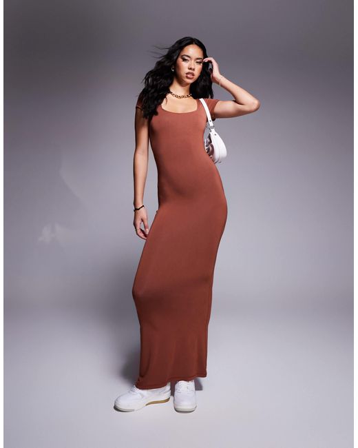 In The Style Orange Fits Slinky Sculpt Square Neck Short Sleeve Maxi Dress