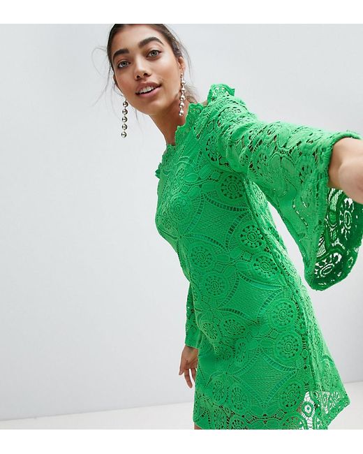 PRETTYLITTLETHING Green Lace Bell Sleeve Bardot Dress