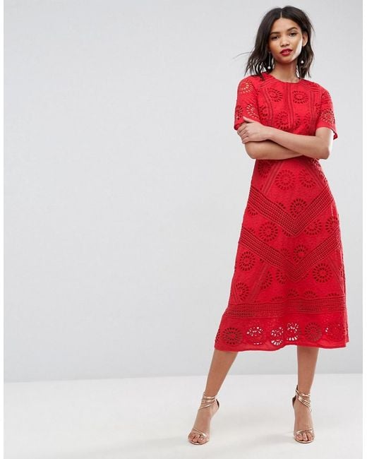 ASOS Red Premium Midi Dress In Broderie Fabric