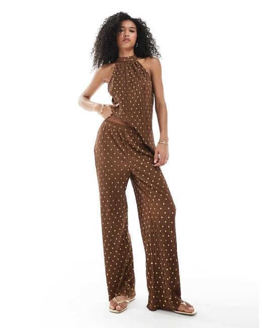 Pantaloni Con Fondo Ampio Color Cioccolato E Oro A Pois Plissé di Vero Moda in Brown