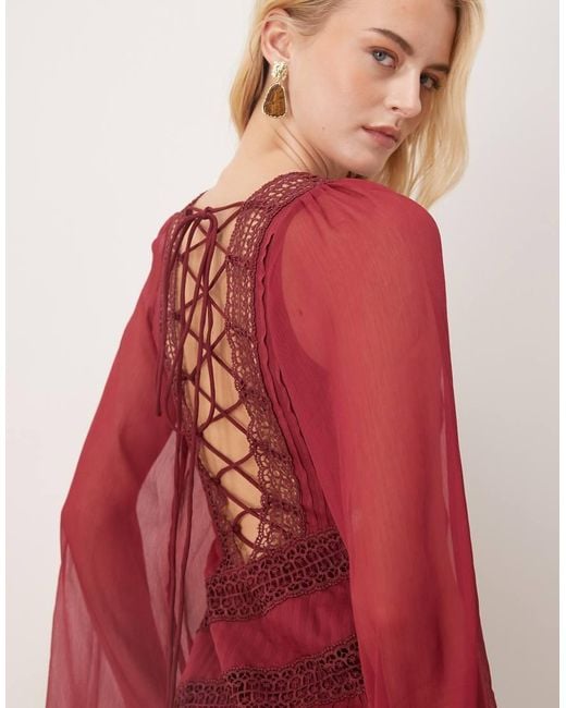 ASOS Red Asos Design Tall Long Sleeved Asymmetric Neckline Maxi Dress With Lace Trim