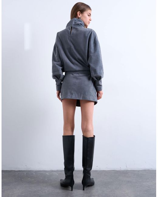 TOPSHOP Blue Real Suede Funnel Neck Cinch Waist Long Sleeve Mini Dress