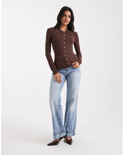 4th & Reckless Brown Fitted Ribbed Knit Gold Button Through Collared Top