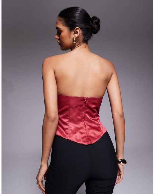 ASOS Red Bonded Satin Corset Bandeau Top With Corsage Detail