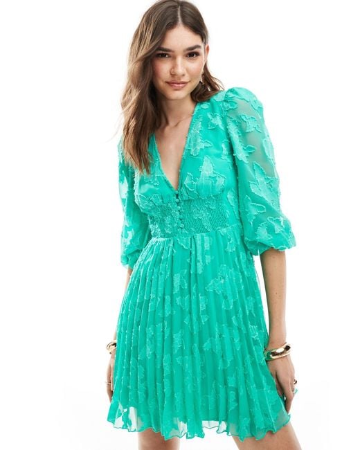 ASOS Green Burnout Button Through Shirred Waist Pleated Mini Dress