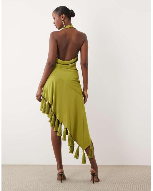 ASOS White Halter Neck Asymmetric Midi Dress With Tassel Hem
