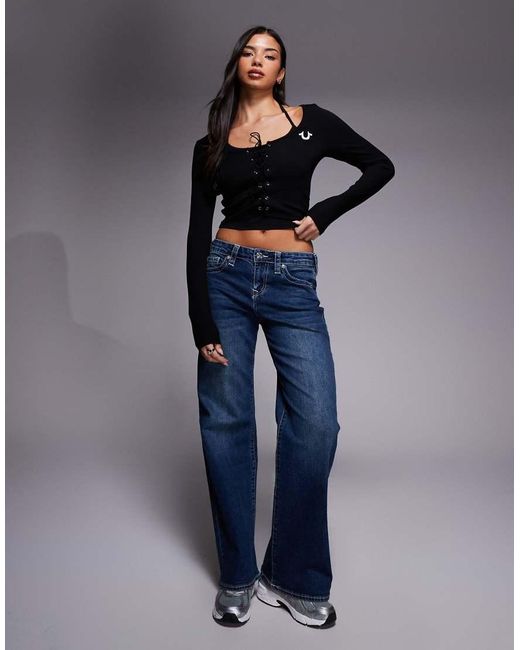 True Religion Blue Long Sleeve Ribbed Top With Halter Neck And Lace Up Detail