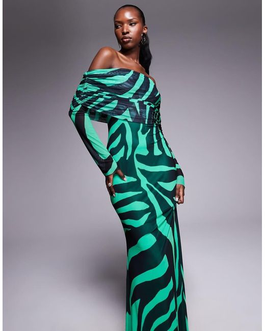 AFRM Green Bardot Power Mesh Maxi Dress