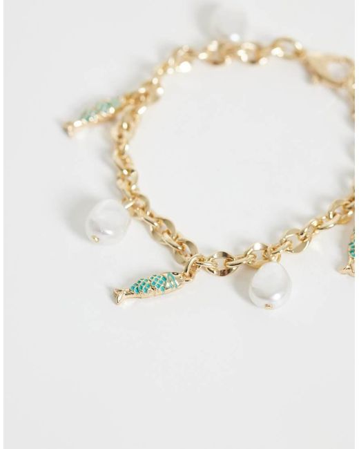 ASOS Metallic Charm Bracelet With Fish And Faux Pearls