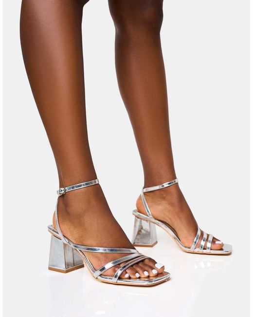 Public Desire Metallic Robin Strappy Square Toe Mid Block Heels