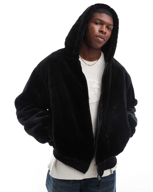 Bershka Black Soft Faux Fur Jacket With Hood for men