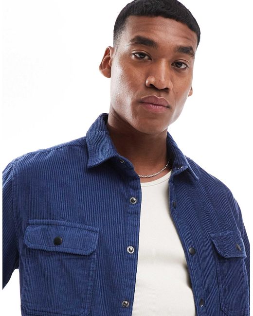 ASOS Blue Cord Overshirt With Poppers for men