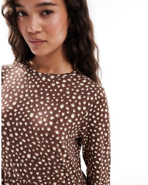 Wednesday's Girl Brown Long Sleeve Smudged Polka Dots Mini Dress