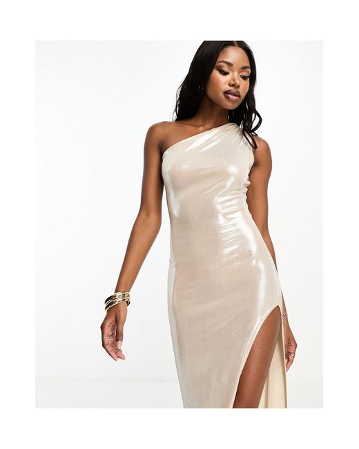 Public Desire White Shiny Metallic One Shoulder Maxi Dress