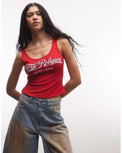 True Religion Red Ribbed Square Neck Tank Top