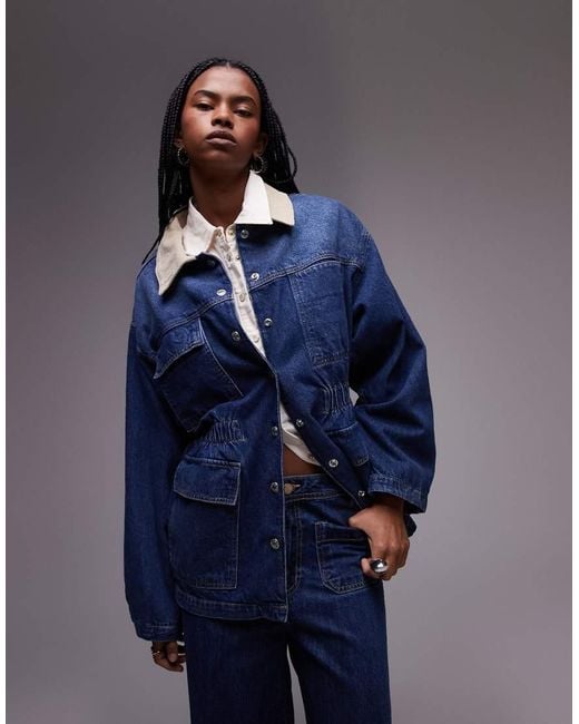 TOPSHOP Blue Denim Elasticated Waist Barn Jacket With Cord Collar