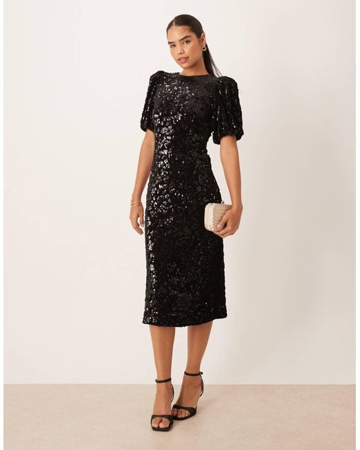 Y.A.S Black Puff Sleeve Sequin Midi Dress