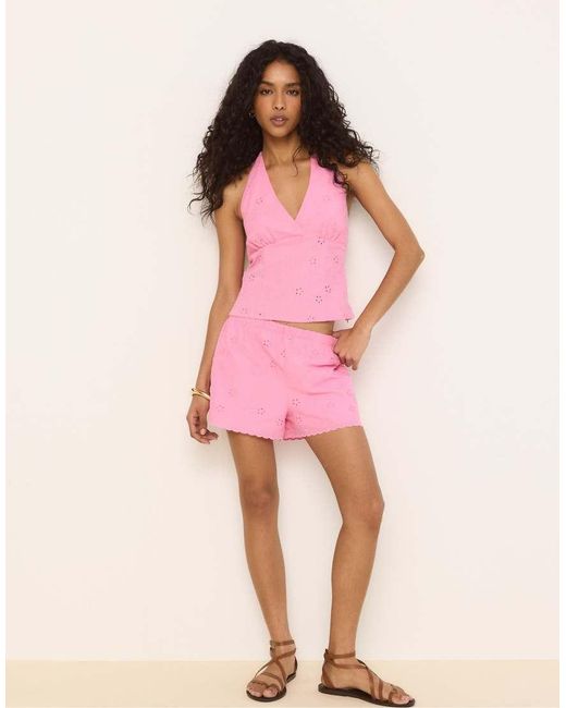 Stradivarius Pink Embroidered Halter Top