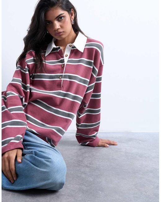 TOPSHOP Multicolor Jersey Stripe Rugby Long Sleeve Polo