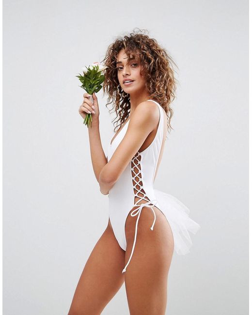 ASOS White Bridal Lace Up Side Tulle Swimsuit