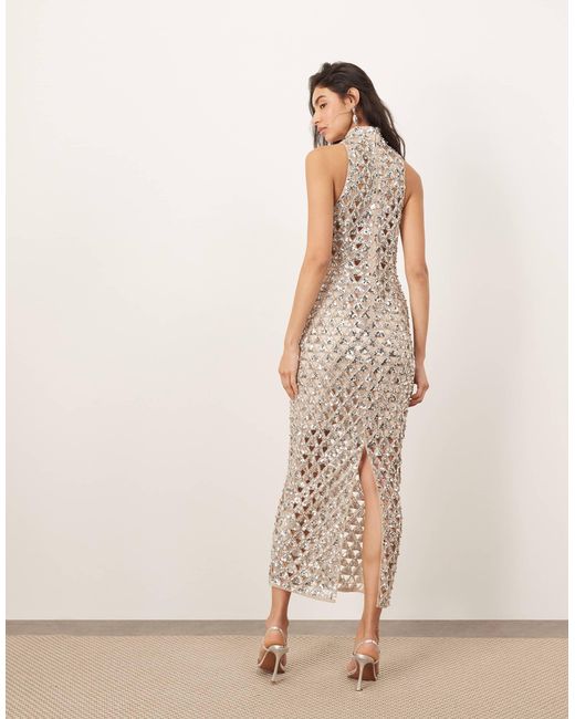 ARRANGE Natural Geo Cut Work Embellished High Neck Column Maxi Dress